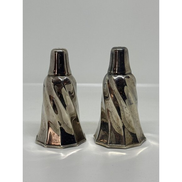 VTG Silver Plated Salt & Pepper Shakers Set 3.75" Swirl Decor MCM Hexagonal Base - Picture 4 of 6